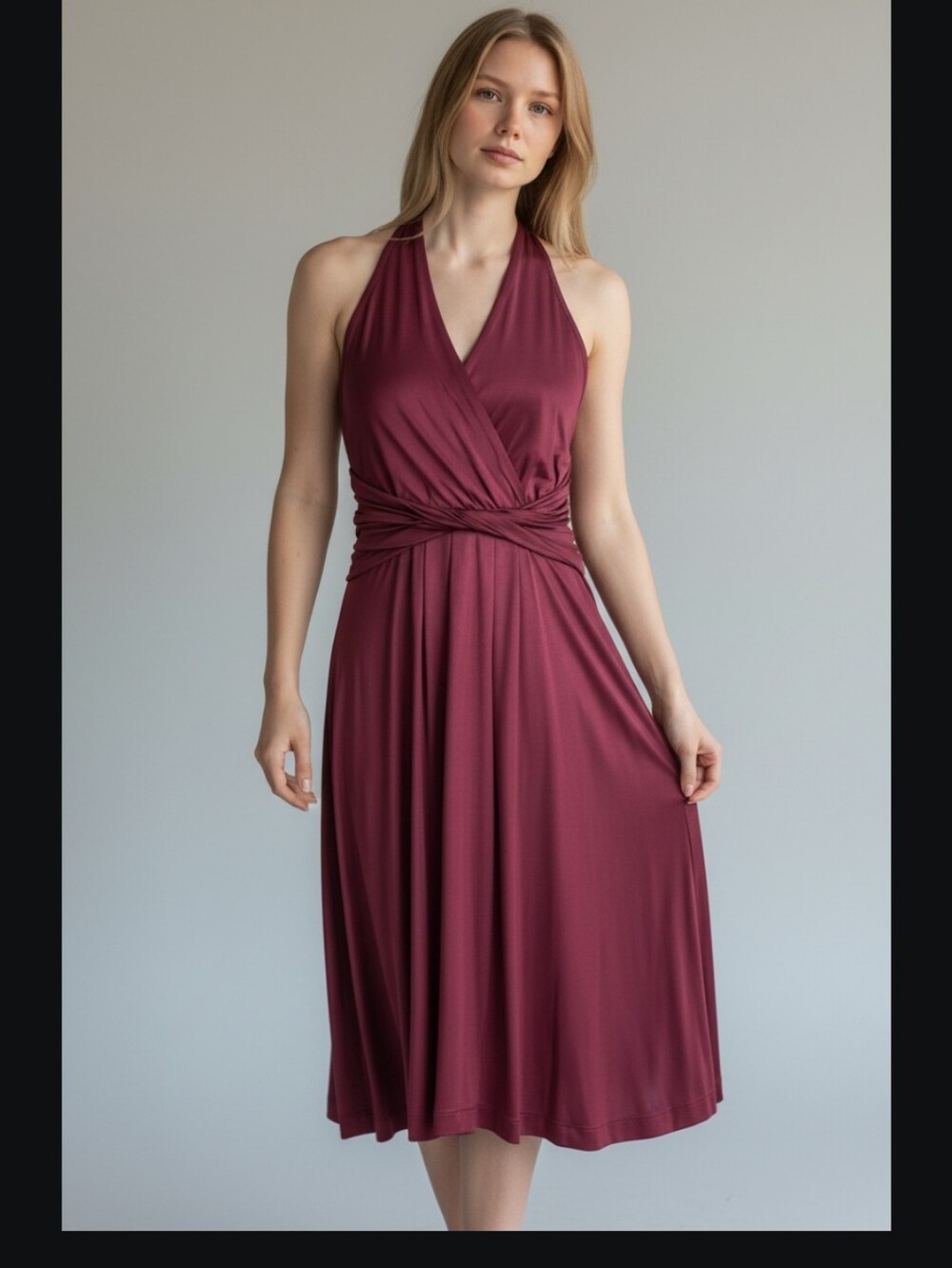 BCBG MaxAzria Sleeveless Twist-Waist Midi Dress in Wine size Small